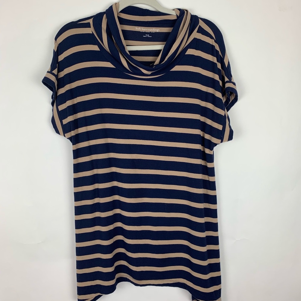 Soft surroundings striped blue tan cowl neck tunic